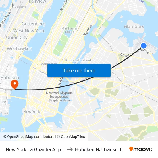 New York La Guardia Airport LGA to Hoboken NJ Transit Terminal map