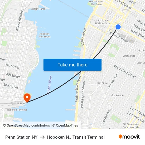 Penn Station NY to Hoboken NJ Transit Terminal map