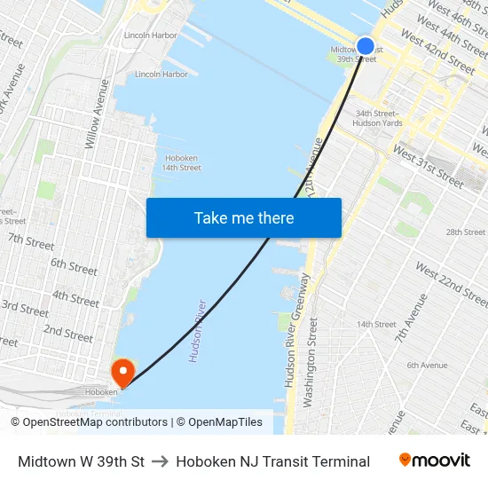 Midtown W 39th St to Hoboken NJ Transit Terminal map