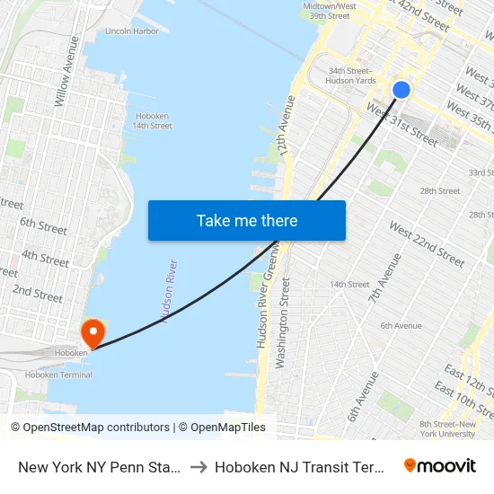 New York NY Penn Station to Hoboken NJ Transit Terminal map