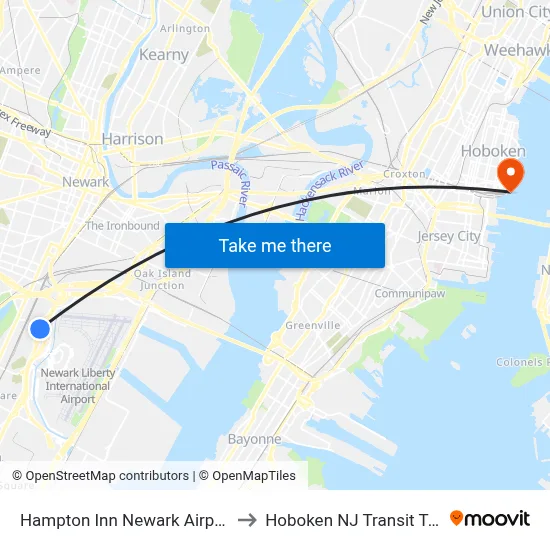 Hampton Inn Newark Airport Hotel to Hoboken NJ Transit Terminal map
