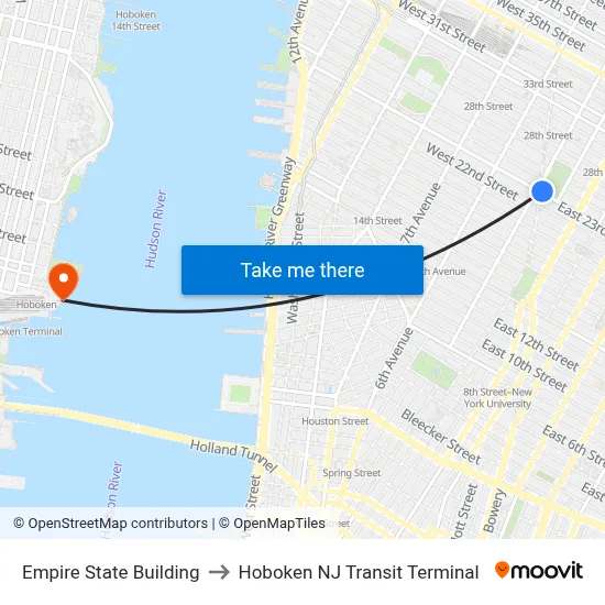 Empire State Building to Hoboken NJ Transit Terminal map