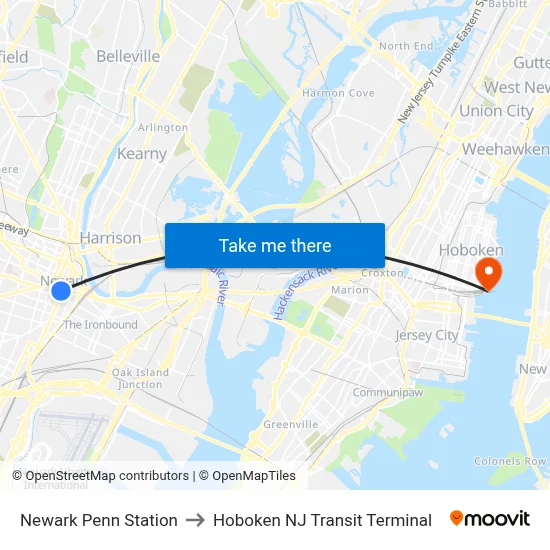 Newark Penn Station to Hoboken NJ Transit Terminal map