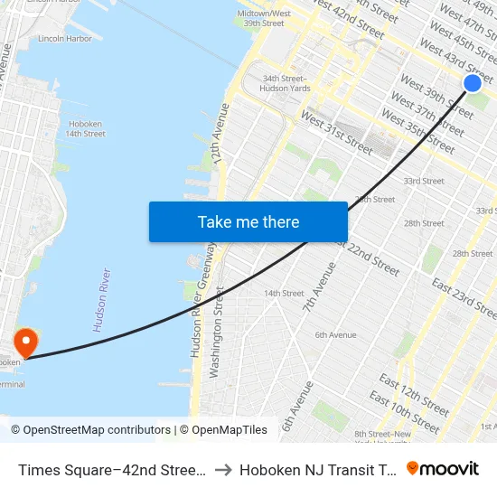 Times Square–42nd Street Station to Hoboken NJ Transit Terminal map