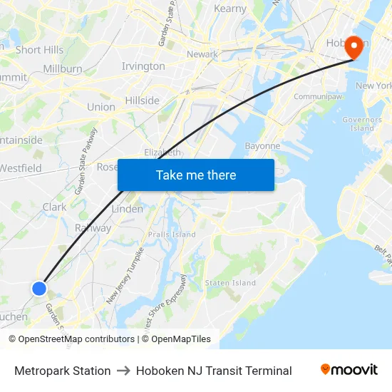 Metropark Station to Hoboken NJ Transit Terminal map