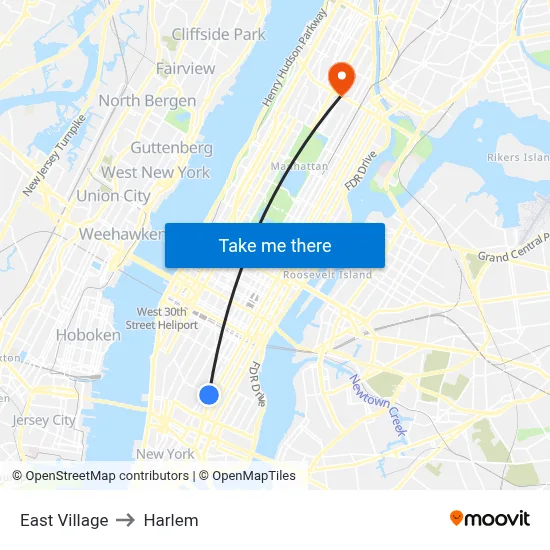 East Village to Harlem map