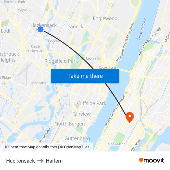 Hackensack to Harlem map