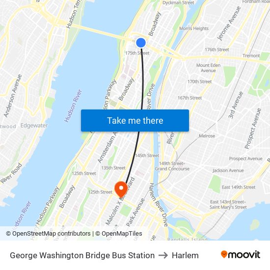 George Washington Bridge Bus Station to Harlem map