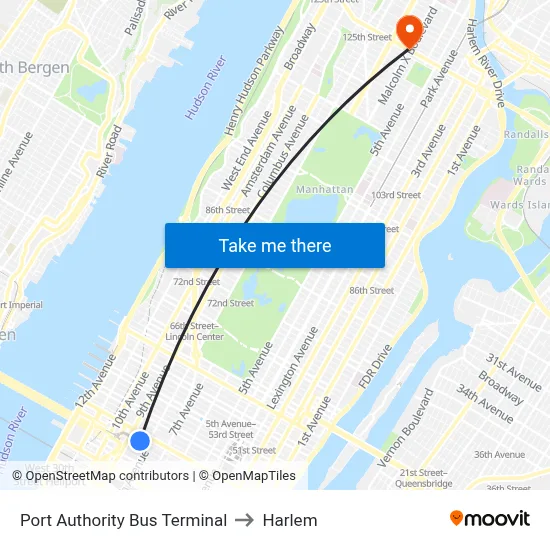 Port Authority Bus Terminal to Harlem map