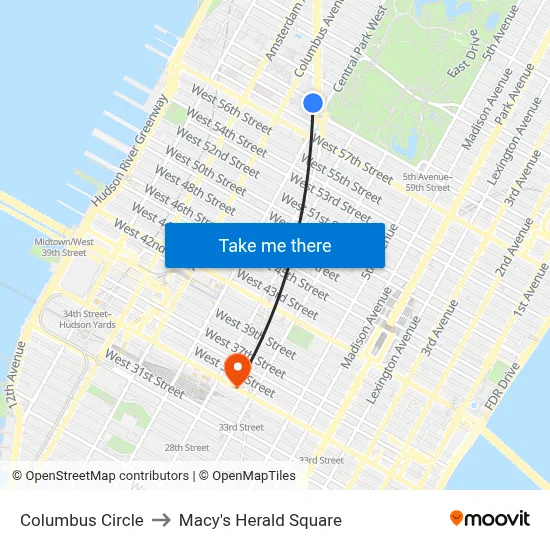 Columbus Circle to Macy's Herald Square map