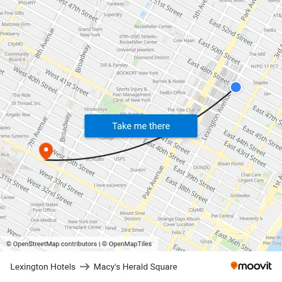 Lexington Hotels to Macy's Herald Square map
