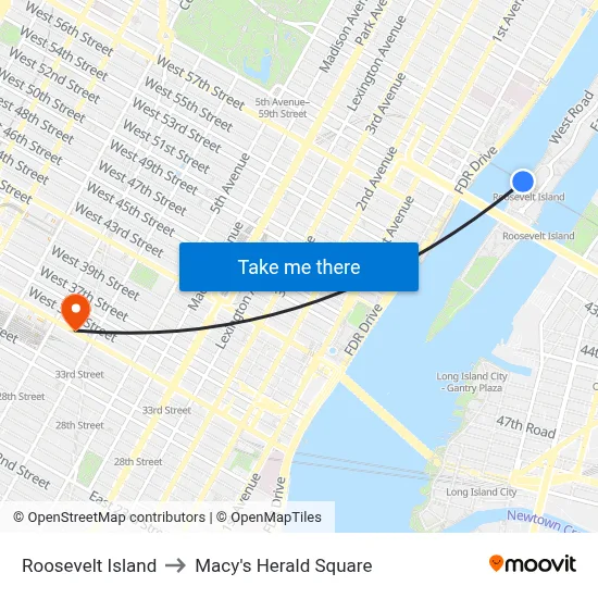 Roosevelt Island to Macy's Herald Square map