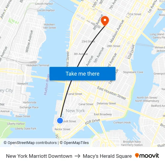 New York Marriott Downtown to Macy's Herald Square map