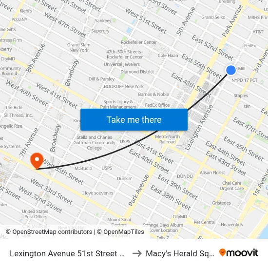 Lexington Avenue 51st Street Station to Macy's Herald Square map