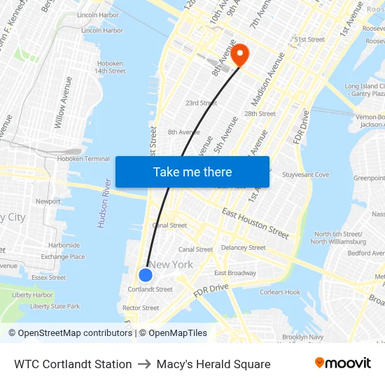 WTC Cortlandt Station to Macy's Herald Square map