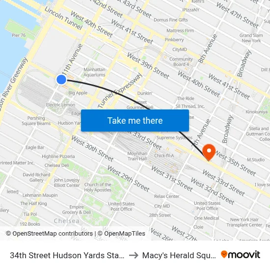 34th Street Hudson Yards Station to Macy's Herald Square map