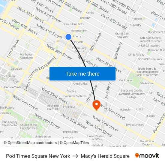 Pod Times Square New York to Macy's Herald Square map