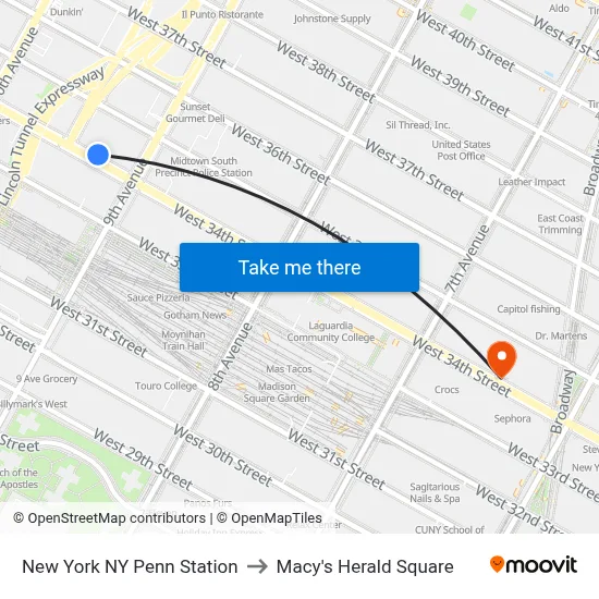 New York NY Penn Station to Macy's Herald Square map