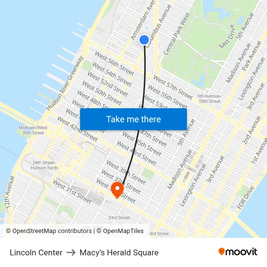 Lincoln Center to Macy's Herald Square map