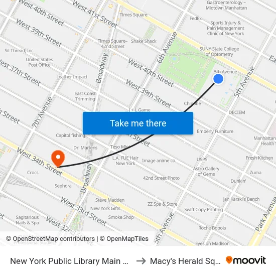 New York Public Library Main Branch to Macy's Herald Square map