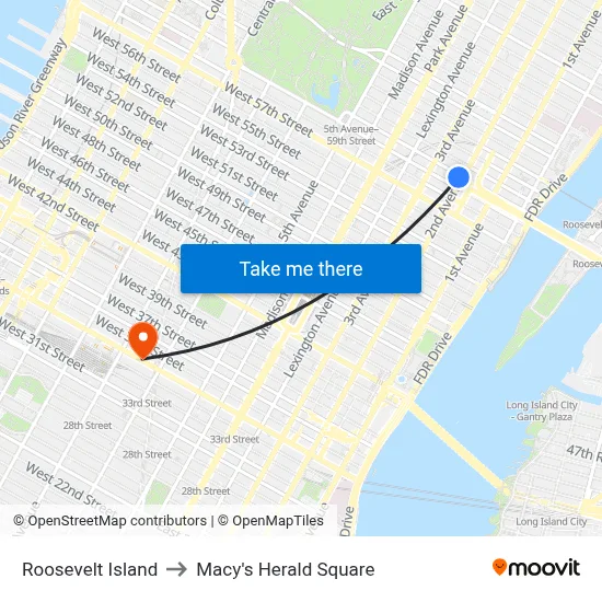 Roosevelt Island to Macy's Herald Square map