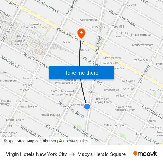 Virgin Hotels New York City to Macy's Herald Square map