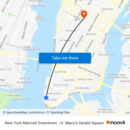 New York Marriott Downtown to Macy's Herald Square map