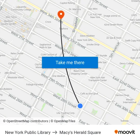 New York Public Library to Macy's Herald Square map