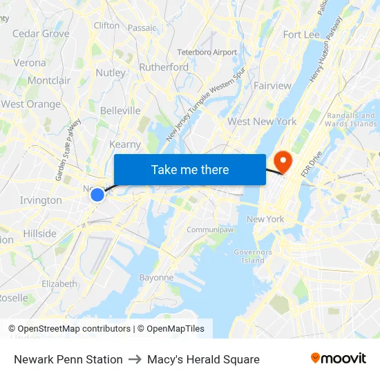 Newark Penn Station to Macy's Herald Square map
