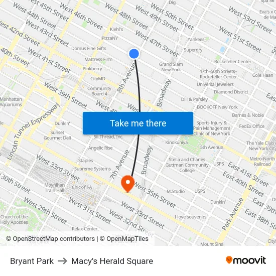 Bryant Park to Macy's Herald Square map
