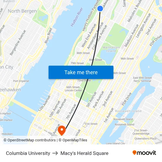 Columbia University to Macy's Herald Square map