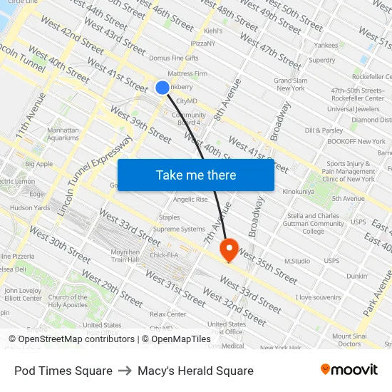 Pod Times Square to Macy's Herald Square map