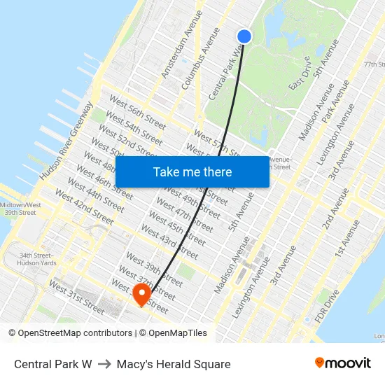 Central Park W to Macy's Herald Square map