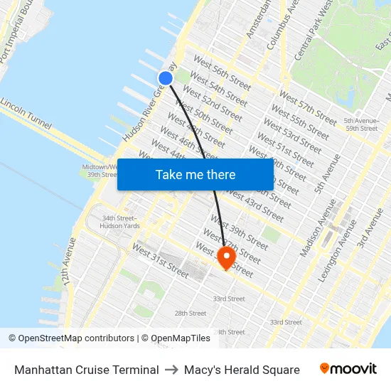 Manhattan Cruise Terminal to Macy's Herald Square map