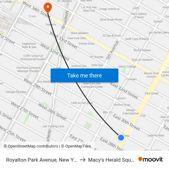 Royalton Park Avenue, New York to Macy's Herald Square map