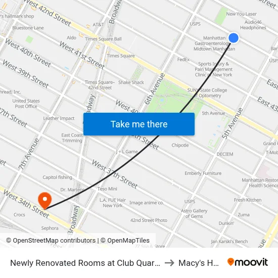 Newly Renovated Rooms at Club Quarters Hotel Times Square, New York to Macy's Herald Square map