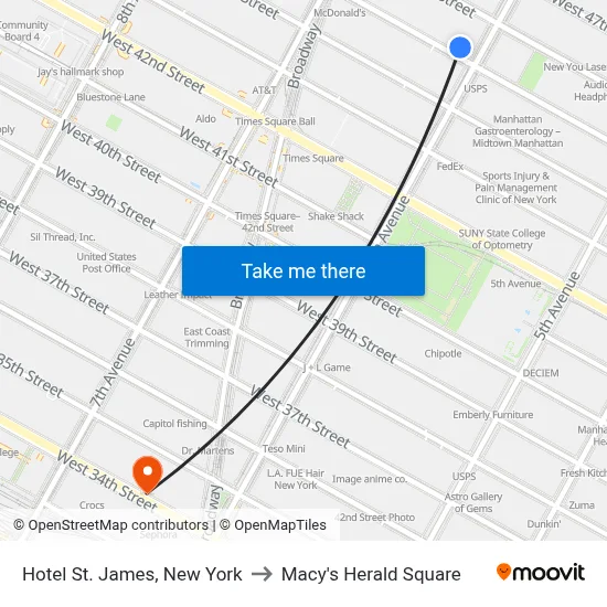 Hotel St. James, New York to Macy's Herald Square map