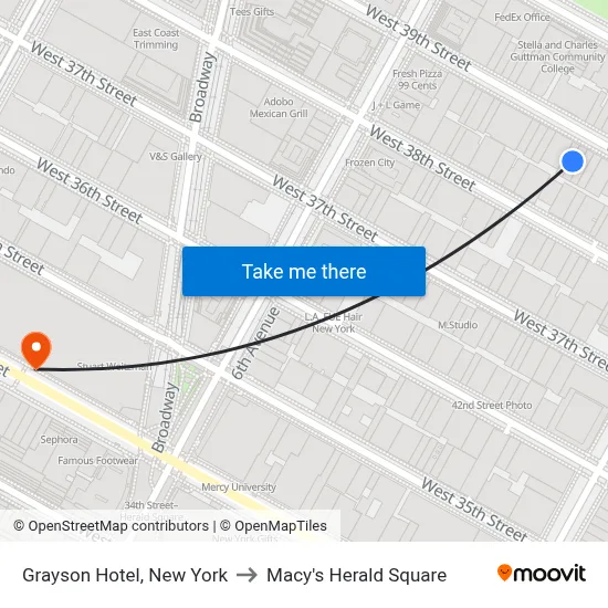 Grayson Hotel, New York to Macy's Herald Square map