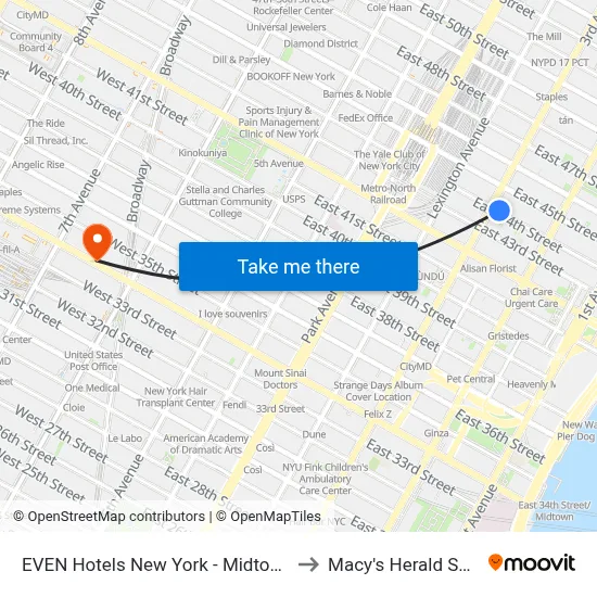 EVEN Hotels New York - Midtown East, 221 E 44th St to Macy's Herald Square map