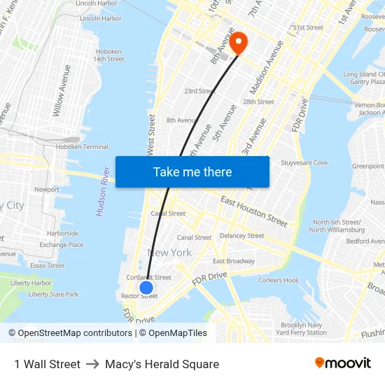 1 Wall Street to Macy's Herald Square map