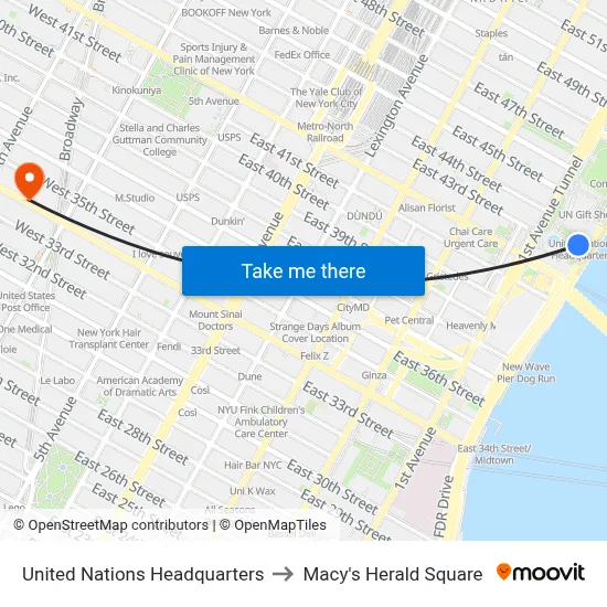 United Nations Headquarters to Macy's Herald Square map