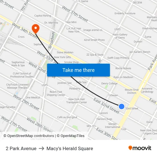 2 Park Avenue to Macy's Herald Square map