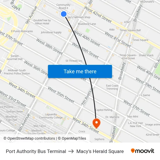 Port Authority Bus Terminal to Macy's Herald Square map
