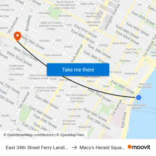 East 34th Street Ferry Landing to Macy's Herald Square map