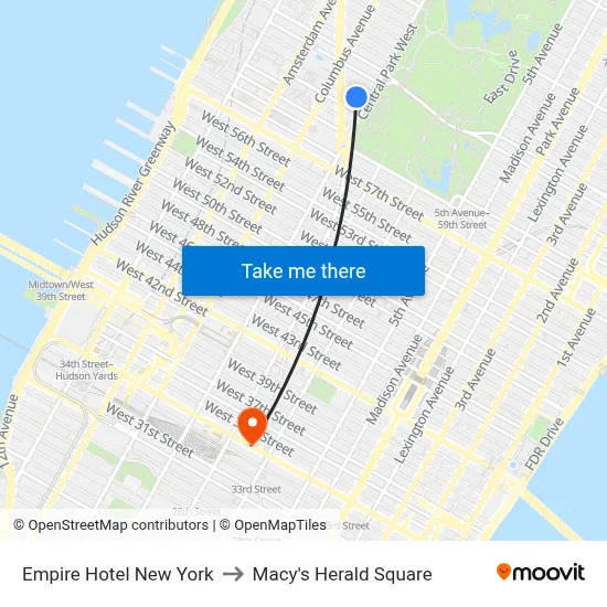 Empire Hotel New York to Macy's Herald Square map