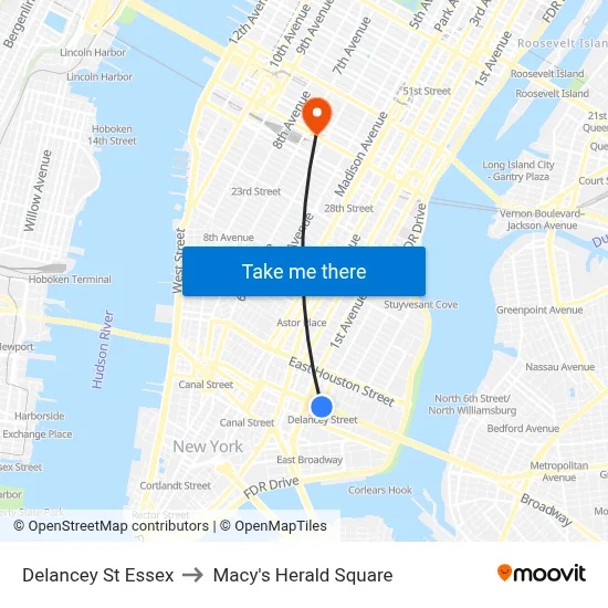 Delancey St Essex, New York, NY 10002 to Macy's Herald Square map