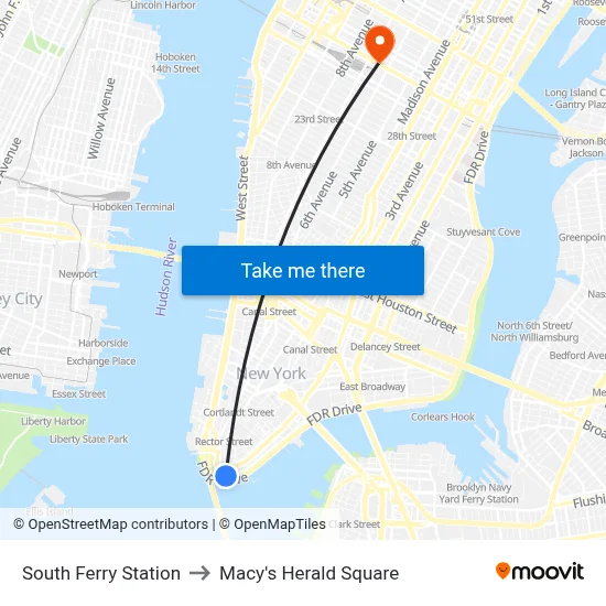 South Ferry Station to Macy's Herald Square map
