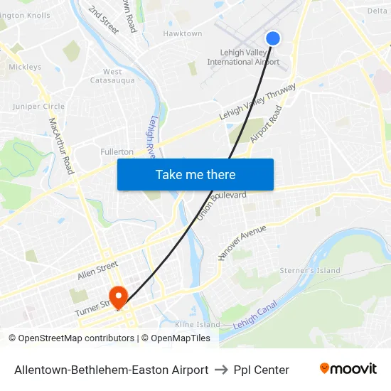 Allentown-Bethlehem-Easton Airport to Ppl Center map