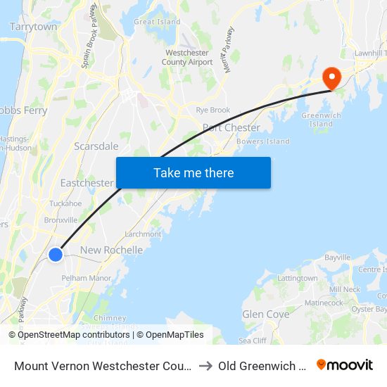 Mount Vernon Westchester County NY USA to Old Greenwich Station map