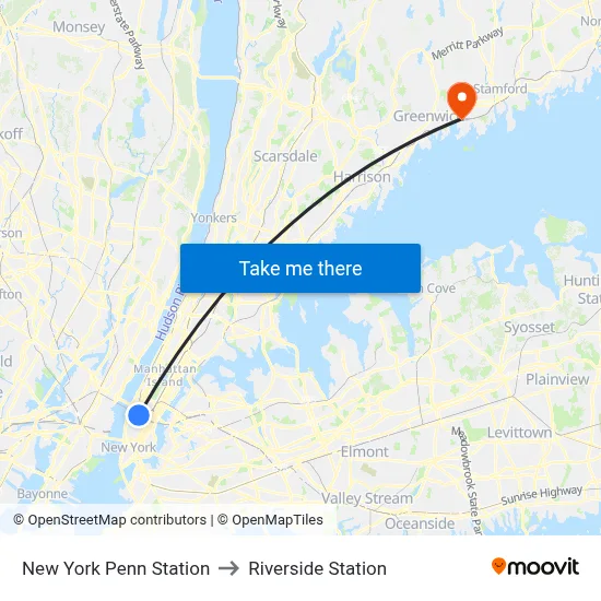New York Penn Station to Riverside Station map